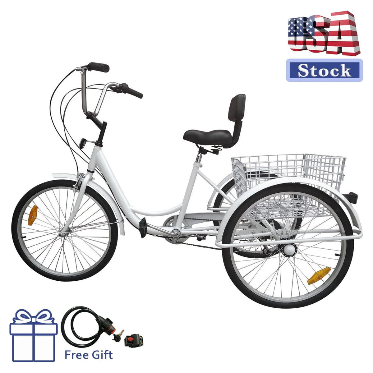 7-Speed 24 Adult 3-Wheel Tricycle with Basket White P347