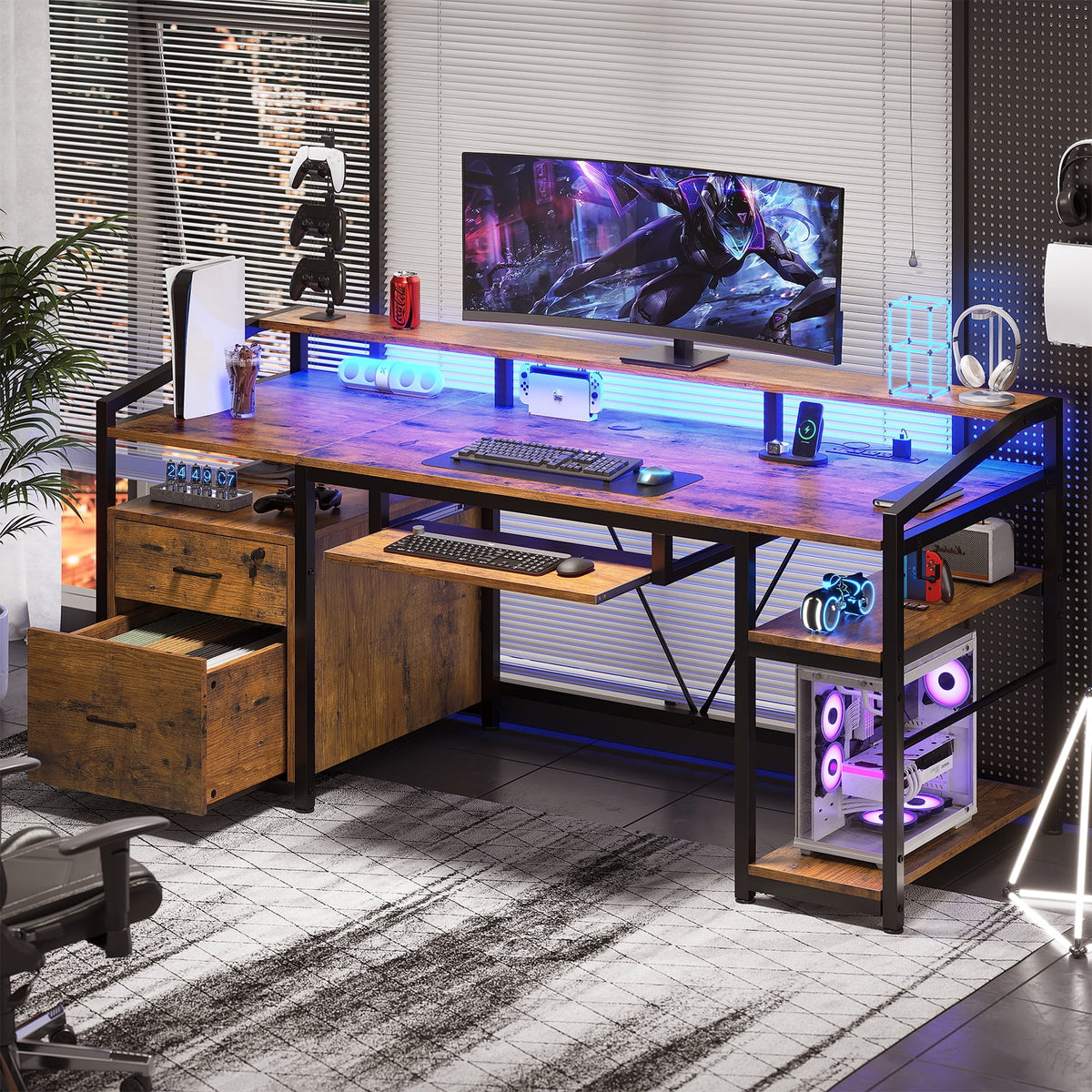 Computer Desk with LED Light and USB Charging Ports F886828