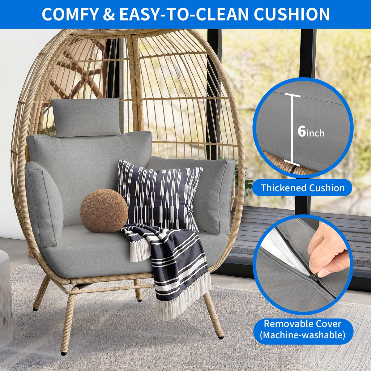 Oversized Wicker Egg Chair with Stand and Beige Cushions Y432