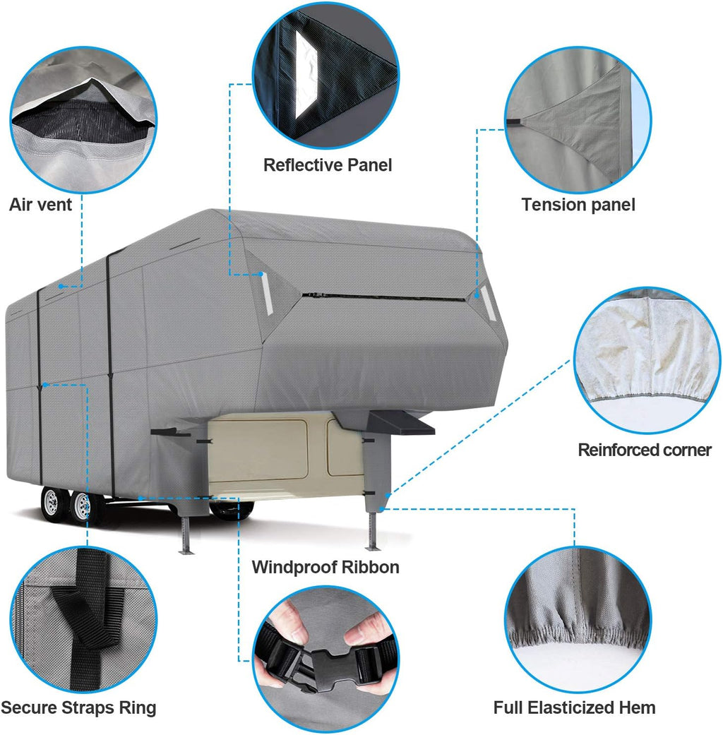 5th Wheel RV Cover 3-Ply Ripstop Waterproof with Steel Pole E628496