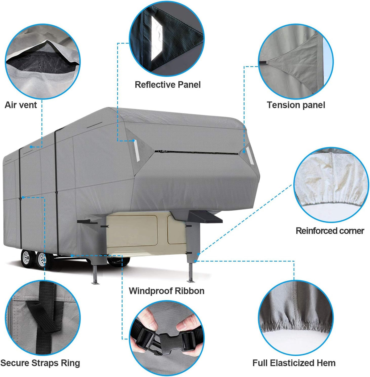 5th Wheel RV Cover 3-Ply Ripstop Waterproof with Steel Pole E628496