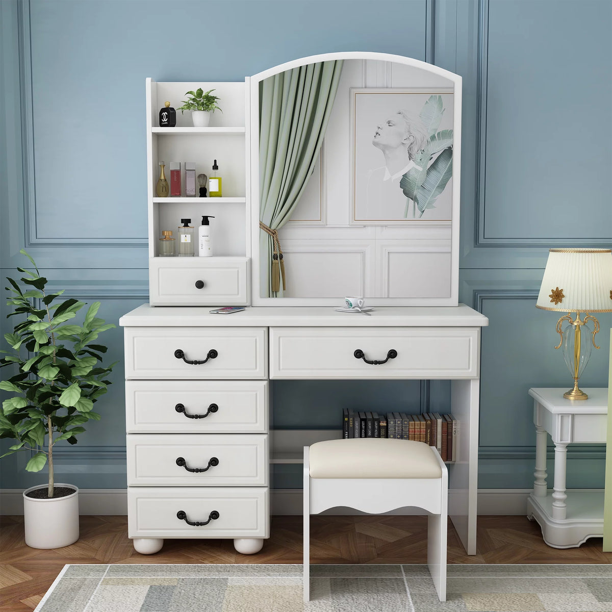 White Vanity Desk with Mirror and LED Lights J186324