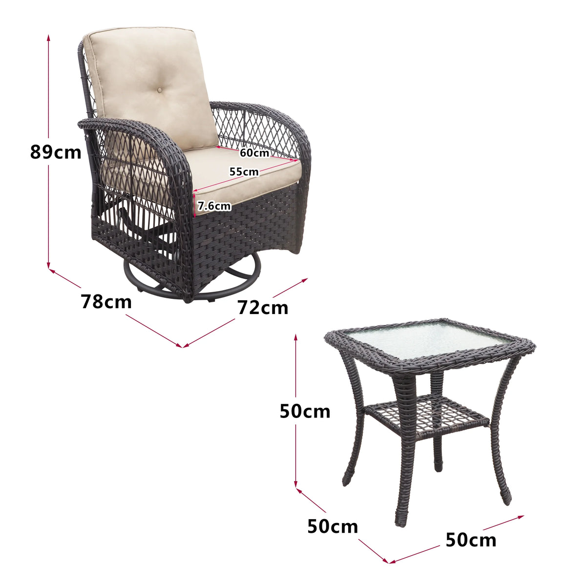 Khaki Wicker Swivel Rocker Chairs with Table D171
