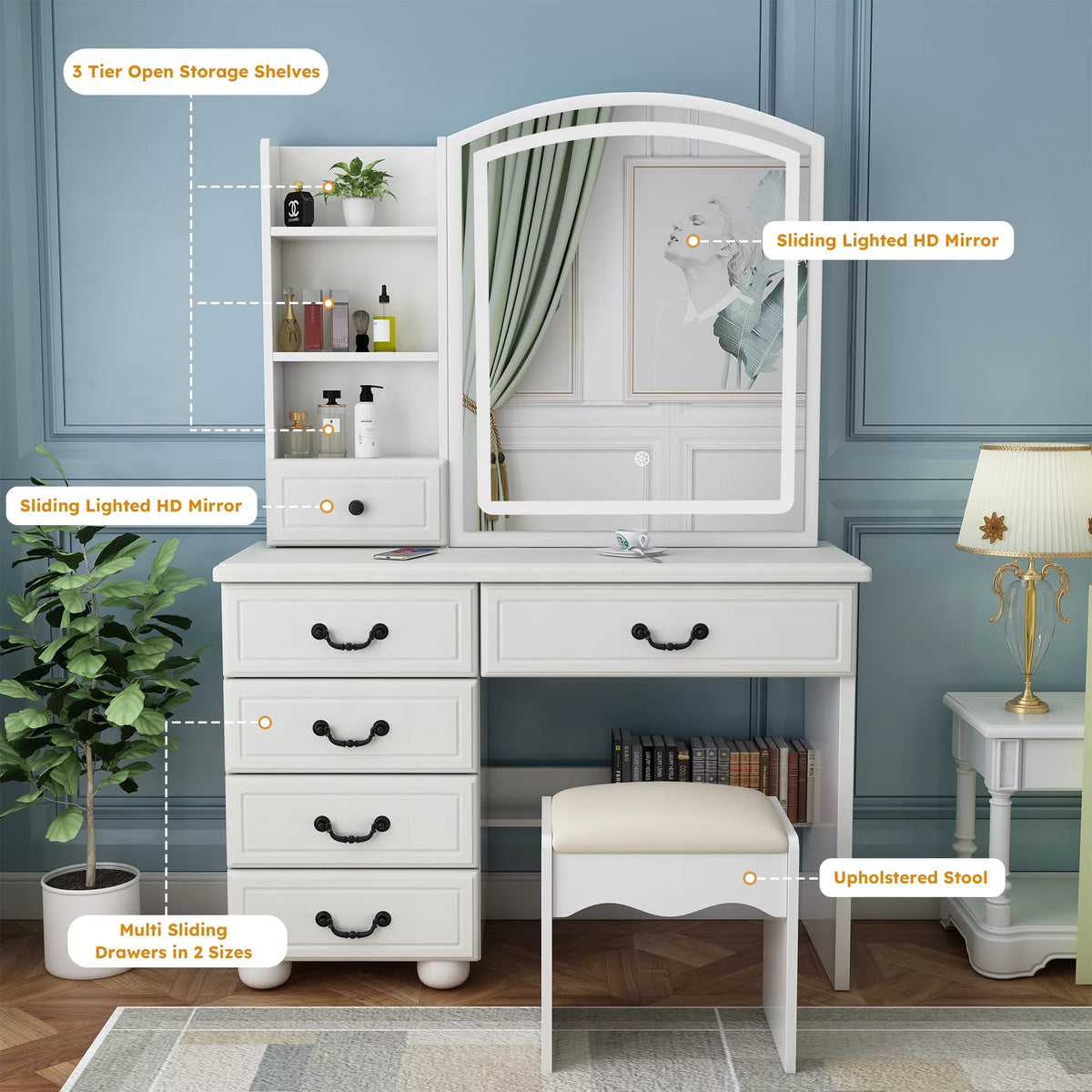 White Vanity Desk with Mirror and LED Lights J186324