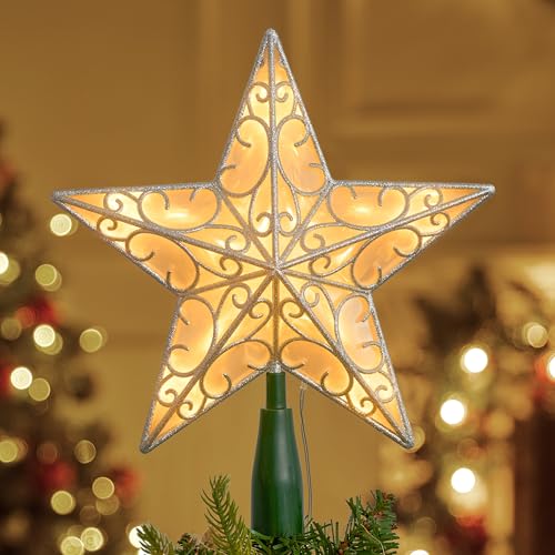 9 inch Silver PVC Star Christmas Tree Topper with 10 Warm White Light M565