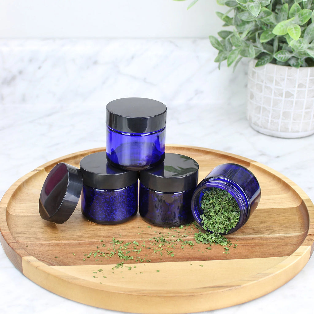 2 oz Cobalt Blue Glass Cosmetic Jars 12-Pack with Black Lined Lids V508
