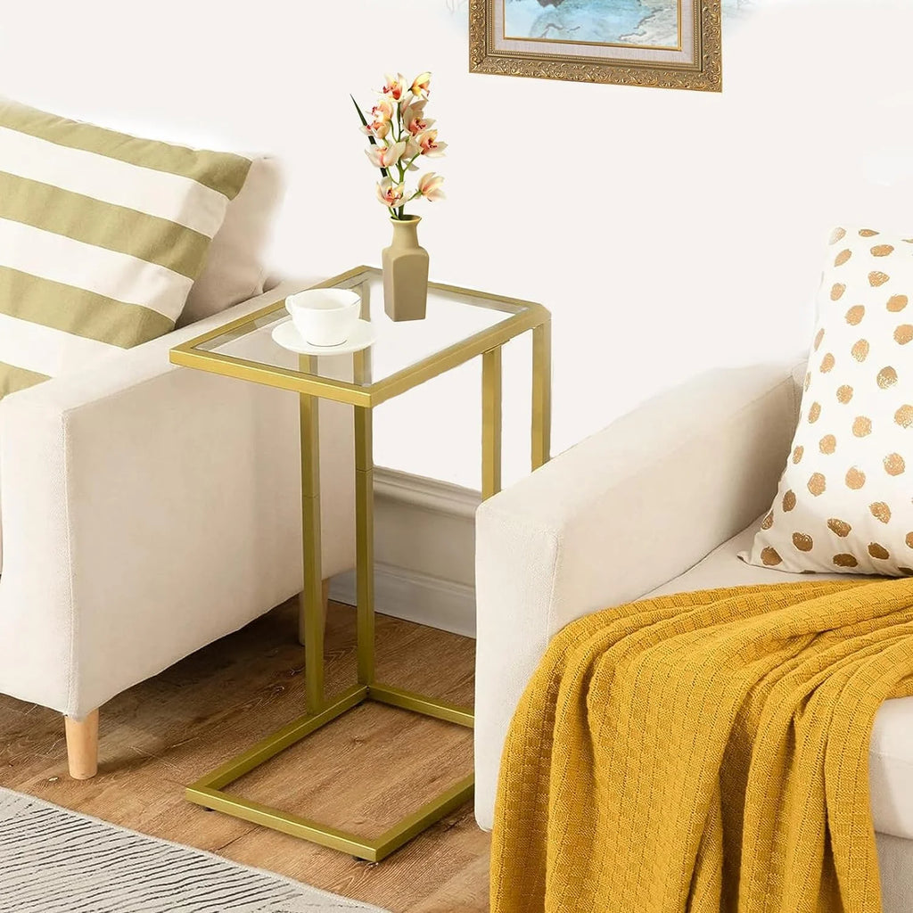 C Shaped Glass End Table with Metal Frame I58909