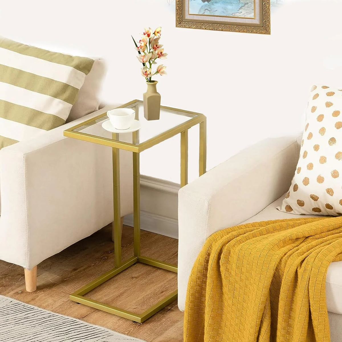 C Shaped Glass End Table with Metal Frame I58909