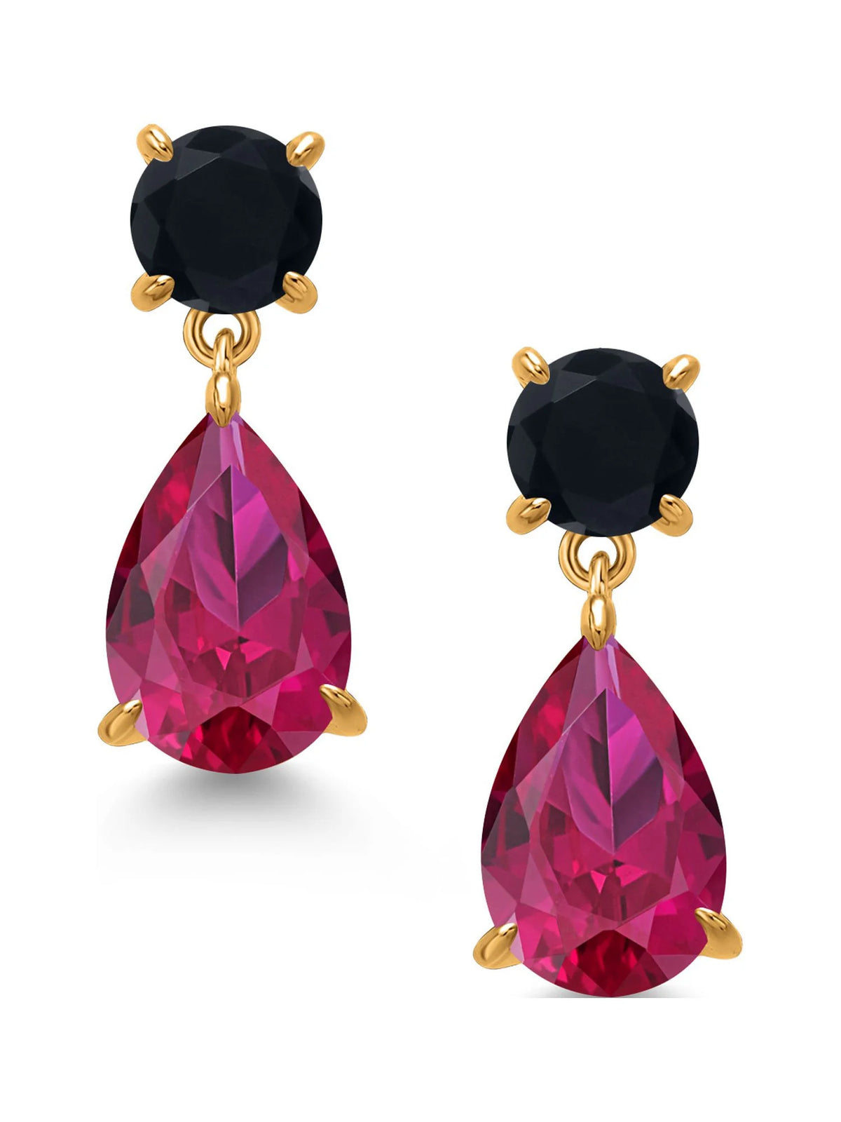 18K Yellow Gold Plated Red Created Ruby and Black Onyx Teardrop Dangle Earrings Z42666