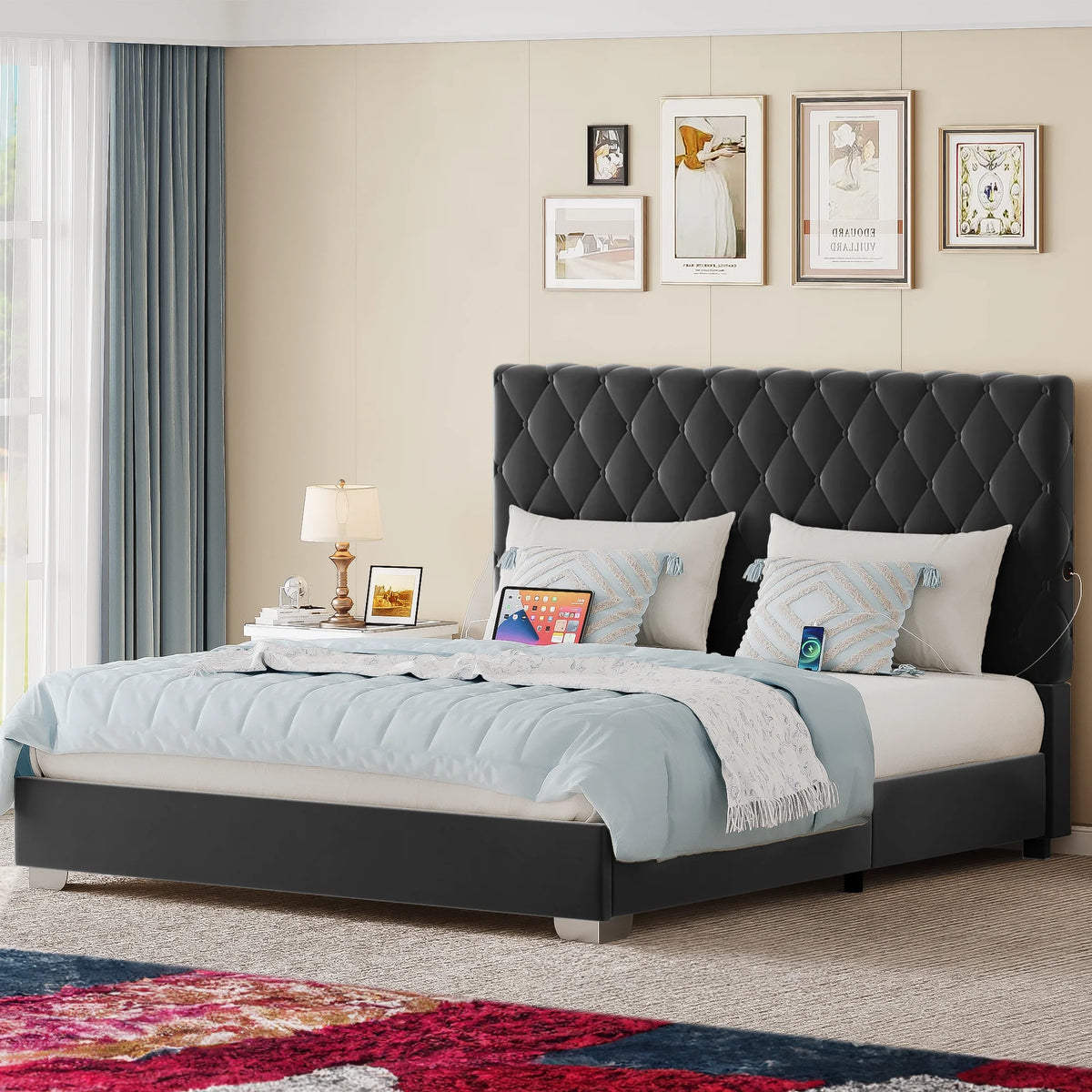 Beige Queen Size Upholstered Platform Bed Frame with Tufted Headboard Y698