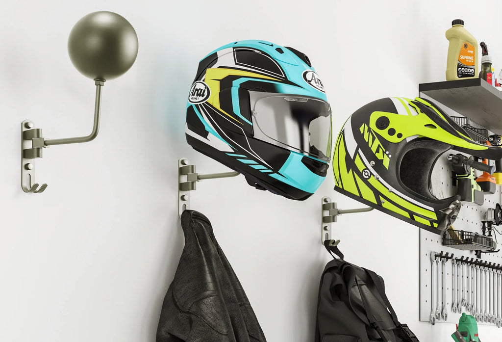 Grey Wall Mount Motorcycle Helmet Rack, 180 Degree Swivel, 2-Pack E753