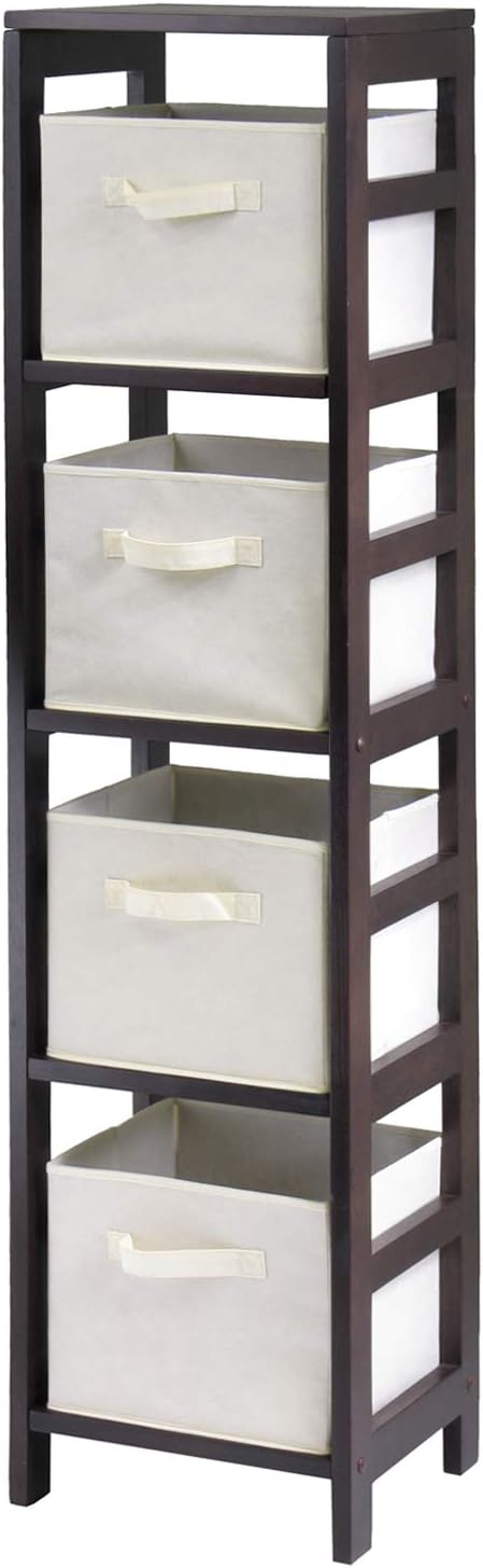 Wood 4 Section Storage Shelf with 4 Beige Fabric Foldable Baskets O88426