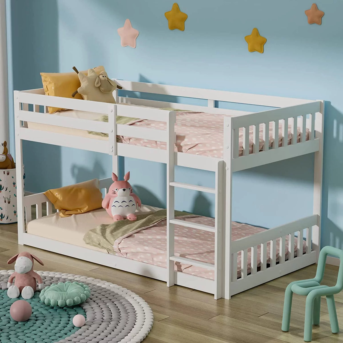 White Wood Twin Over Twin Bunk Bed with Guardrails & Ladder N873